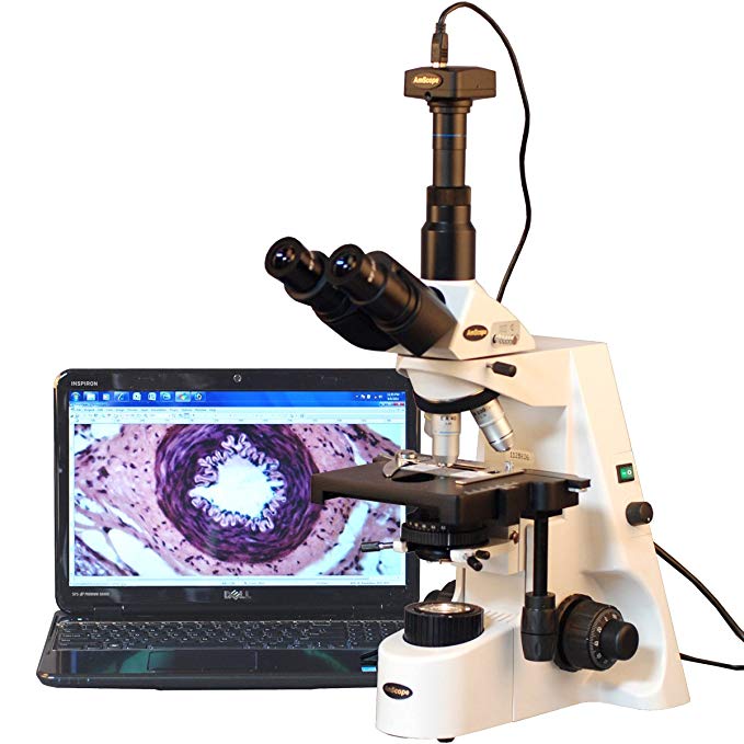 AmScope T690C-PL-10M Digital Trinocular Compound Microscope, 40X-2500X Magnification, WH10x and WH25x Super-Widefield Eyepieces, Infinity Plan Achromatic Objectives, Brightfield, Kohler Condenser, Double-Layer Mechanical Stage, Includes 10MP Camera with Reduction Lens and Software