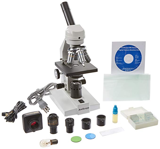 AmScope M500A-P-MS10 40x-1600x Compound Microscope + USB PC Camera + Slides
