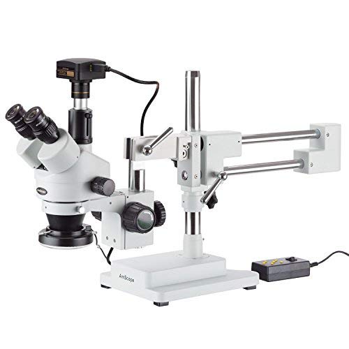 AmScope 3.5X-90X Simul-Focal Stereo Zoom Microscope on Boom Stand with 144-LED Ring Light and 18MP USB3 Camera