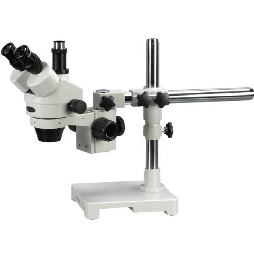 AmScope SM-3TZ Professional Trinocular Stereo Zoom Microscope, WH10x Eyepieces, 3.5X-90X Magnification, 0.7X-4.5X Zoom Objective, Ambient Lighting, Single-Arm Boom Stand, Includes 0.5X and 2.0X Barlow Lenses