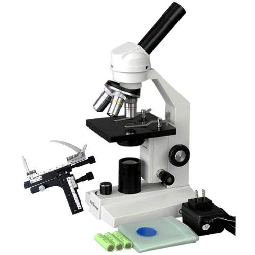 AmScope M200B-MS-LED Cordless Compound Monocular Microscope, WF10x and WF20x Eyepieces, 40x-800x Magnification, LED Illumination, Brightfield, Single-Lens Condenser, Coarse and Fine Focus, Mechanical Stage, 110V or Cordless Operation