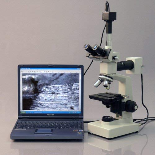 AmScope ME300TZ-2L-5M Digital Episcopic and Diascopic Trinocular Metallurgical Microscope, WF10x, 40X-1000X Magnification, Halogen Illumination with Rheostat, Double-Layer Mechanical Stage, Sliding Head, High-Resolution Optics, Includes 5MP Camera with Reduction Lens and Software