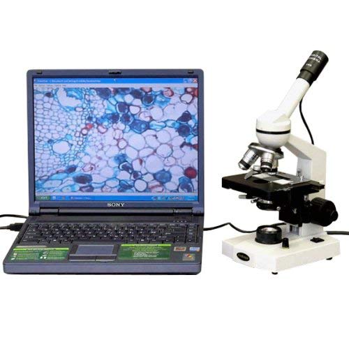 AmScope M220C-E2 Digital Monocular Compound Microscope, WF10x and WF25x Eyepieces, 40x-1000x Magnification, Tungsten Illumination, Brightfield, 1.25 NA Abbe Condenser, Coaxial Coarse and Fine Focus, Mechanical Stage, 110V, Includes 2MP Camera and Software