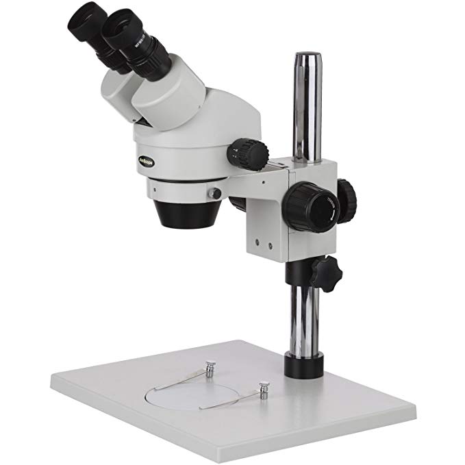 AmScope SM-1BX Professional Binocular Stereo Zoom Microscope, WH10x Eyepieces, 3.5X-45X Magnification, 0.7X-4.5X Zoom Objective, Ambient Lighting, Large Table Pillar Stand, Includes 0.5x Barlow Lens