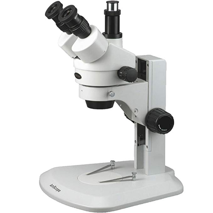 AmScope SM-1TRY Professional Trinocular Stereo Zoom Microscope, WH10x Eyepieces, 7X-90X Magnification, 0.7X-4.5X Zoom Objective, Ambient Lighting, Track Stand, Includes 2.0x Barlow Lens