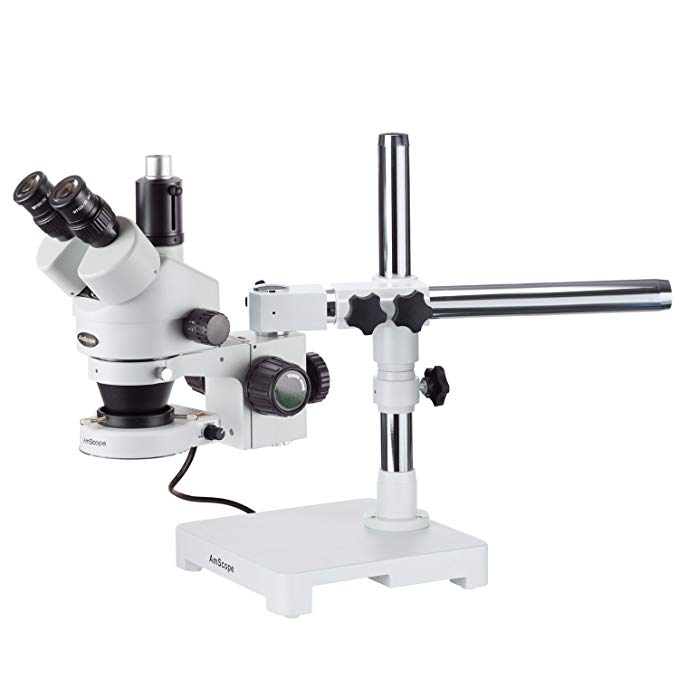 AmScope SM-3TZ-80S Professional Trinocular Stereo Zoom Microscope, WH10x Eyepieces, 3.5X-90X Magnification, 0.7X-4.5X Zoom Objective, 80-Bulb LED Ring Light, Single-Arm Boom Stand, 90V-265V, Includes 0.5X and 2.0X Barlow Lenses