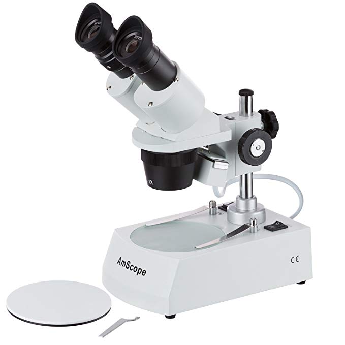AmScope SE305R-P Forward-Mounted Binocular Stereo Microscope, WF10x Eyepieces, 10X and 30X Magnification, 1X and 3X Objectives, Upper and Lower Halogen Lighting, Reversible Black/White Stage Plate, Pillar Stand, 120V