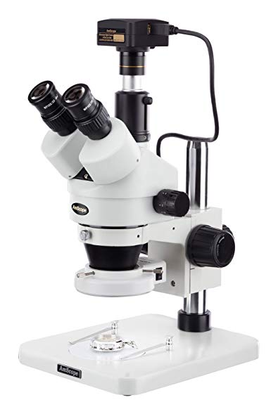 AmScope SM-1TS-144S-8M Digital Professional Trinocular Stereo Zoom Microscope, WH10x Eyepieces, 7X-45X Magnification, 0.7X-4.5X Zoom Objective, 144-Bulb LED Ring Light, Pillar Stand, 110V-240V, Includes 8MP Camera with Reduction Lens and Software
