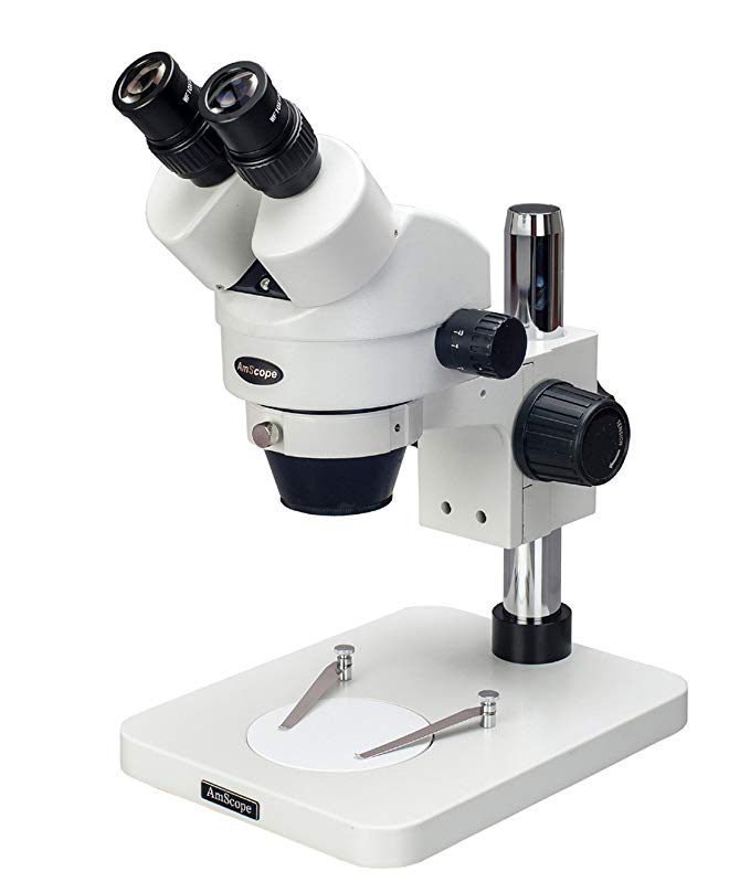 AmScope SM-1BS Professional Binocular Stereo Zoom Microscope, WH10x Eyepieces, 7X-45X Magnification, 0.7X-4.5X Zoom Objective, Ambient Lighting, Pillar Stand