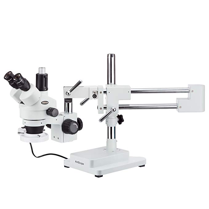 AmScope SM-4TZ-FRL Professional Trinocular Stereo Zoom Microscope, WH10x Eyepieces, 3.5X-90X Magnification, 0.7X-4.5X Zoom Objective, 8W Fluorescent Ring Light, Double-Arm Boom Stand, 110V-120V, Includes 0.5X and 2.0X Barlow Lens