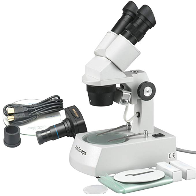 AmScope SE305-AZ-M Digital Binocular Stereo Microscope, WF10x and WF20x Eyepieces, 10X/20X/30X/60X Magnification, 1X and 3X Objectives, Upper and Lower Halogen Lighting, Reversible Black/White Stage Plate, Arm Stand, 120V, Includes 1.3MP Camera with Reduction Lens and Software