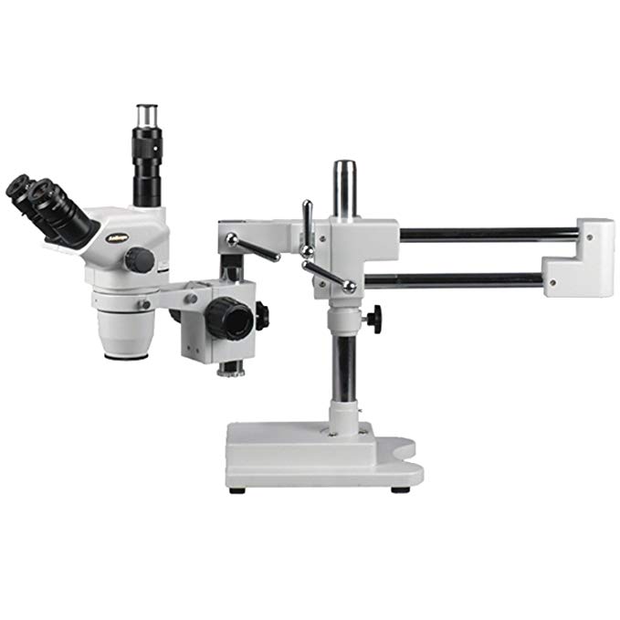 AmScope ZM-4TNX Professional Trinocular Stereo Zoom Microscope, EW10x Focusing Eyepieces, 3.35X-45X Magnification, 0.67X-4.5X Zoom Objective, Ambient Lighting, Double-Arm Boom Stand, Includes 0.5X Barlow Lens