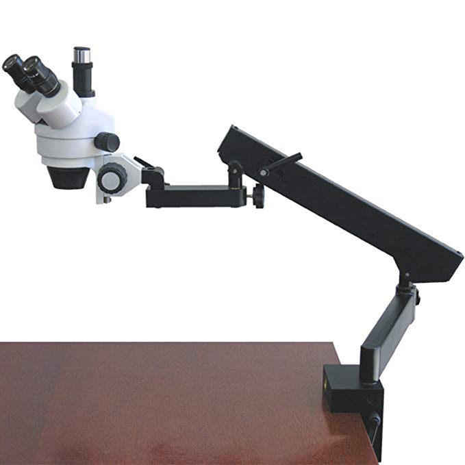 AmScope SM-6TZ Professional Trinocular Stereo Zoom Microscope, WH10x Eyepieces, 3.5X-90X Magnification, 0.7X-4.5X Zoom Objective, Ambient Lighting, Clamping Articulating Arm Stand, Includes 0.5X and 2.0X Barlow Lenses