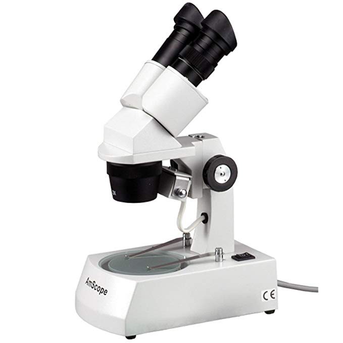 AmScope SE306-A Binocular Stereo Microscope, WF10x Eyepieces, 20X and 40X Magnification, 2X and 4X Objectives, Upper and Lower Halogen Lighting, Reversible Black/White Stage Plate, Arm Stand, 120V