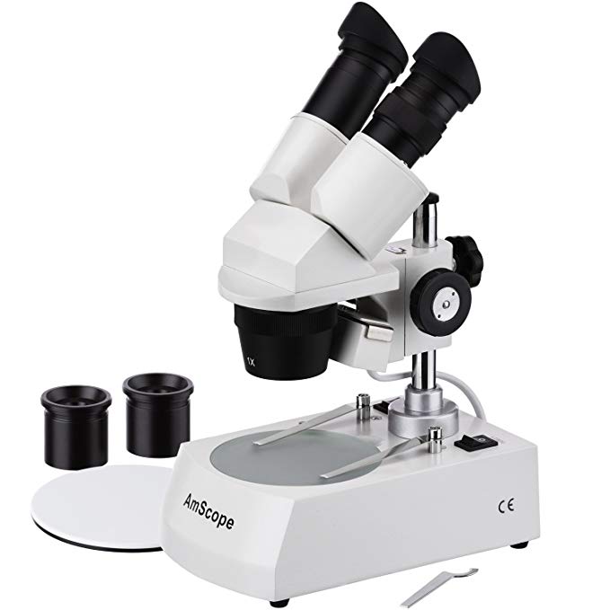 AmScope SE305-PZ Binocular Stereo Microscope, WF10x and WF20x Eyepieces, 10X/20X/30X/60X Magnification, 1X and 3X Objectives, Upper and Lower Halogen Lighting, Reversible Black/White Stage Plate, Pillar Stand, 120V