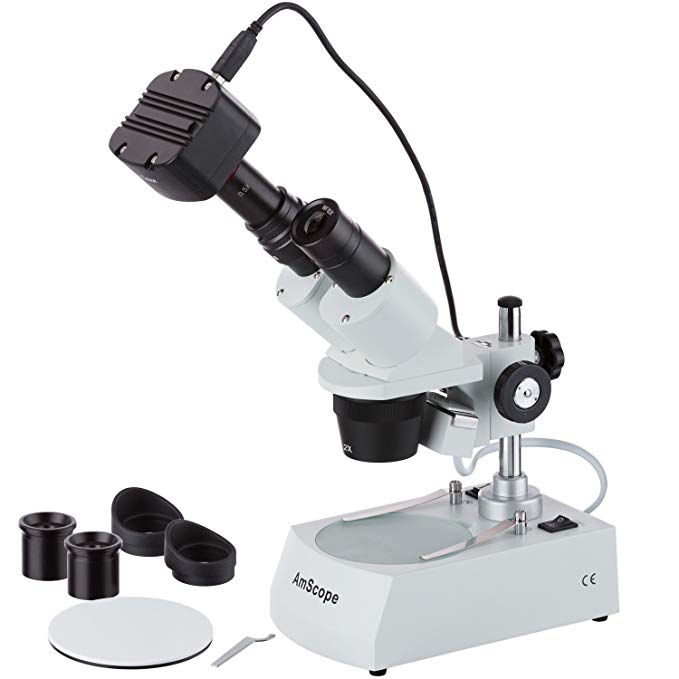 AmScope SE306R-PZ-MT Digital Forward-Mounted Binocular Stereo Microscope, WF10x and WF20x Eyepieces, 20X/40X/80X Magnification, 2X and 4X Objectives, Upper and Lower Halogen Lighting, Reversible Black/White Stage Plate, Pillar Stand, 120V, Includes 1.3MP Camera with Reduction Lens and Software