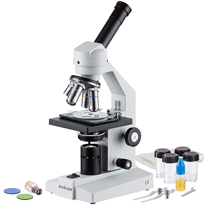 AmScope M500-PZ Polarizing Monocular Compound Microscope, WF10x Eyepiece, 40x-1000x Magnification, Anti-Mold Optics, Tungsten Illumination, Brightfield and Polarizing, Abbe Condenser, Coarse and Fine Focus, Plain Stage, 110V