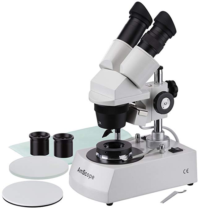 AmScope SE306-PY-DK Binocular Stereo Microscope, WF10x and WF15x Eyepieces, 20X/30X/40X/60X Magnification, 2X and 4X Objectives, Upper and Lower Halogen Lighting, Reversible Black/White Stage Plate, Pillar Stand, 120V