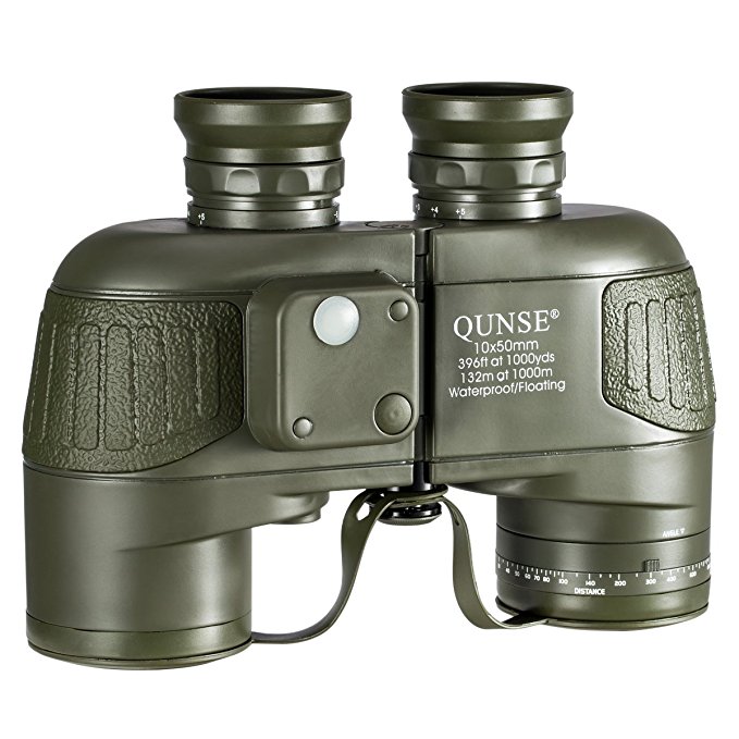 QUNSE Military HD Binoculars for Bird Watching, with Compass and Rangefinder, 10x50 Large Object Lens Large View BAK4, with Binocular Harness Strap, Waterproof