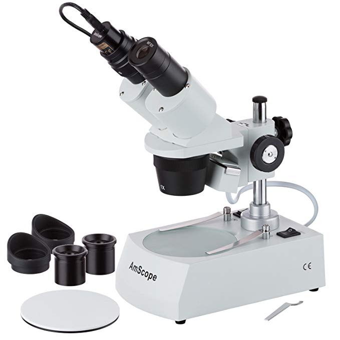 AmScope SE305R-PZ-E2 Digital Forward-Mounted Binocular Stereo Microscope, WF10x and WF20x Eyepieces, 10X/20X/30X/60X Magnification, 1X and 3X Objectives, Upper and Lower Halogen Lighting, Reversible Black/White Stage Plate, Pillar Stand, 120V, Includes 2MP Camera and Software