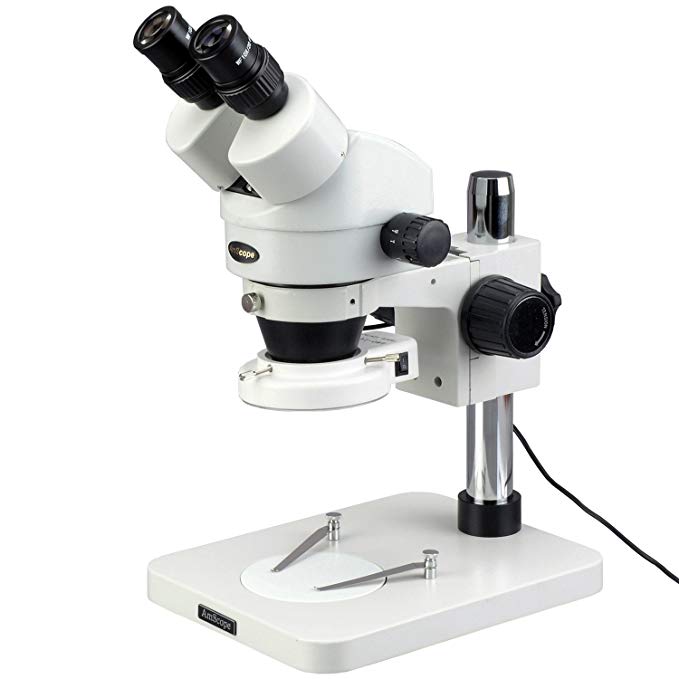 AmScope SM-1BSX-64S Professional Binocular Stereo Zoom Microscope, WH10x Eyepieces, 3.5X-45X Magnification, 0.7X-4.5X Zoom Objective, 64-Bulb LED Ring Light, Pillar Stand, 110V-240V, Includes 0.5x Barlow Lens