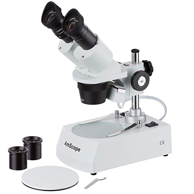 AmScope SE306R-PX Forward-Mounted Binocular Stereo Microscope, WF5x and WF10x Eyepieces, 10X/20X/40X Magnification, 2X and 4X Objectives, Upper and Lower Halogen Lighting, Reversible Black/White Stage Plate, Pillar Stand, 120V