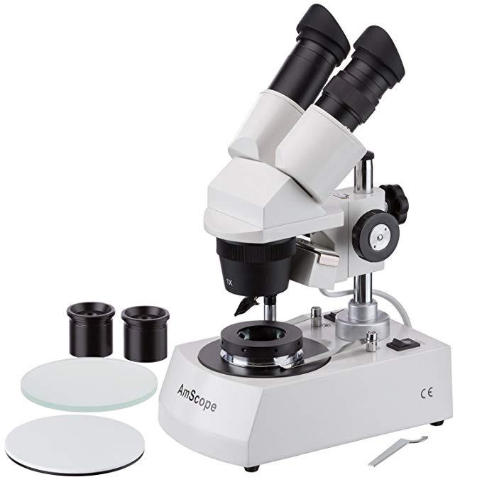AmScope SE305-PX-DK Binocular Stereo Microscope, WF5x and WF10x Eyepieces, 5X/10X/15X/30X Magnification, 1X and 3X Objectives, Upper and Lower Halogen Lighting, Reversible Black/White Stage Plate, Pillar Stand, 120V, Includes Darkfield Condenser
