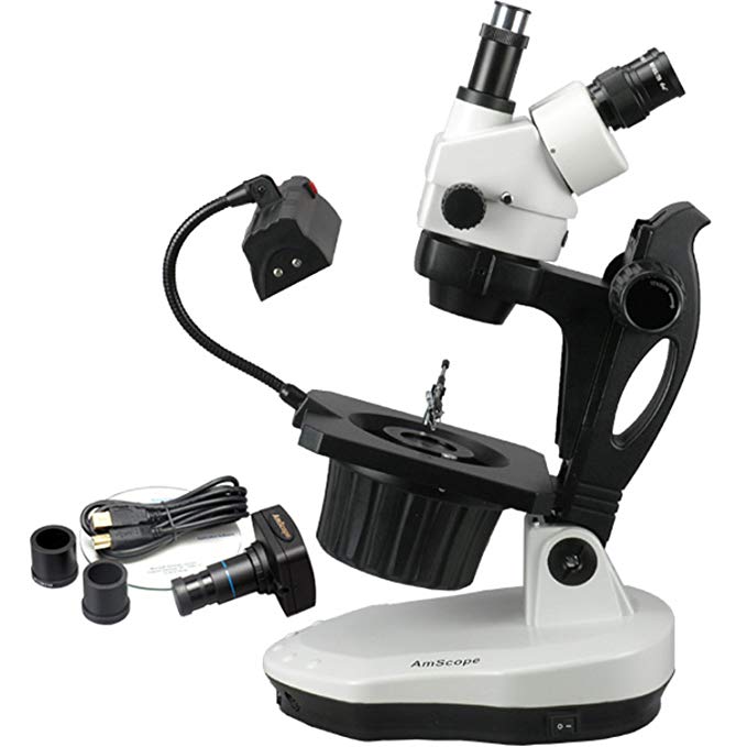 AmScope GM400TZ-10M Digital Trinocular Gemology Stereo Zoom Microscope, WH10x Eyepieces, 3.5X-90X Magnification, 0.7X-4.5X Zoom Objective, Halogen and Fluorescent Lighting, Inclined Pillar Stand, 110V-120V, Includes 0.5X and 2.0X Barlow Lenses, 10MP Camera with Reduction Lens, and Software