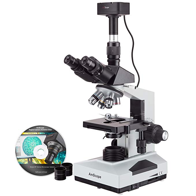 AmScope T490A-10MA Digital Compound Trinocular Microscope, WF10x and WF16x Eyepieces, 40X-1600X Magnification, Brightfield, Halogen Illumination, Abbe Condenser, Double-Layer Mechanical Stage, Sliding Head, High-Resolution Optics, Includes 10.7MP Camera with Reduction Lens and Software