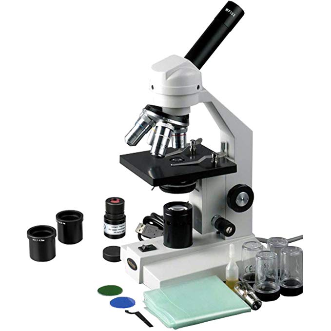AmScope M500C-E Digital Monocular Compound Microscope, WF10x and WF25x Eyepieces, 40x-2500x Magnification, Anti-Mold Optics, Tungsten Illumination, Brightfield, Abbe Condenser, Coarse and Fine Focus, Plain Stage, 110V, Includes 0.3MP Camera and Software