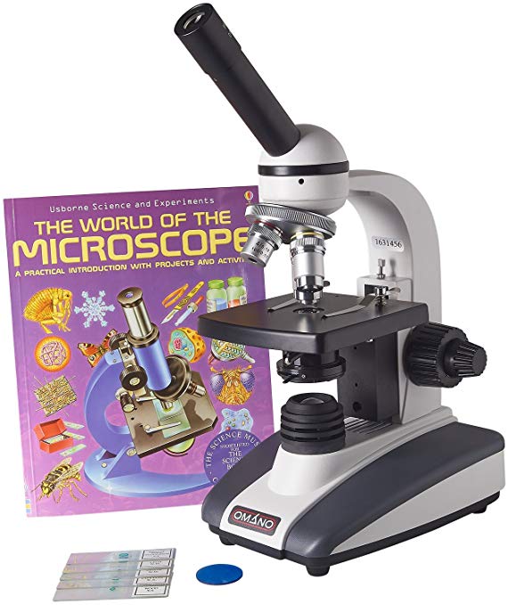 Omano OM136C-XSP1 - 40x-1,000x - Premium Monocular - Student Compound Microscope - Professional Condenser - Halogen Illumination - Illustrated Experiment Book - 5pc Prepared Slides