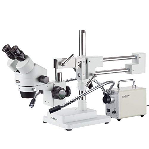 AmScope SM-4BZ-30WY 3.5X-90X Zoom Stereo Microscope on Dual-Arm Boom Stand with Dual-Arm LED Fiber Optic Light