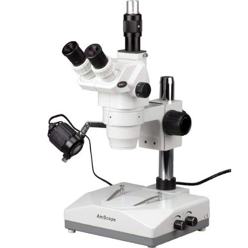 AmScope ZM-2TX Professional Trinocular Stereo Zoom Microscope, EW10x Eyepieces, 3.35X-45X Magnification, 0.67X-4.5X Zoom Objective, Upper and Lower Halogen Lighting, Pillar Stand, 110V-120V, Includes 0.5X Barlow Lens