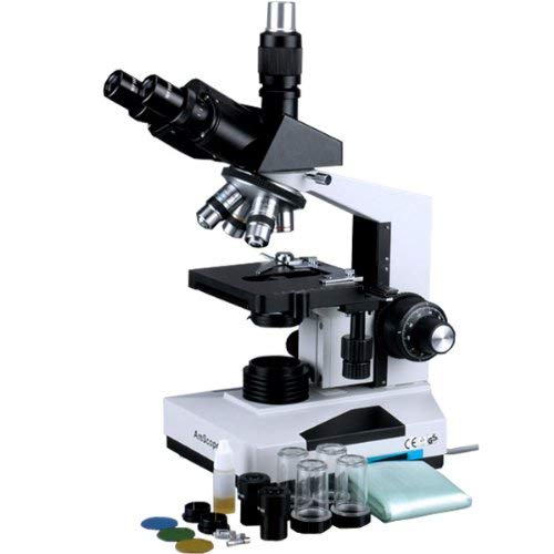 AmScope T490-DK Compound Trinocular Microscope, WF10x Eyepieces, 40X-1000X Magnification, Brightfield/Darkfield, Halogen Illumination, Abbe Condenser, Double-Layer Mechanical Stage, Sliding Head, High-Resolution Optics