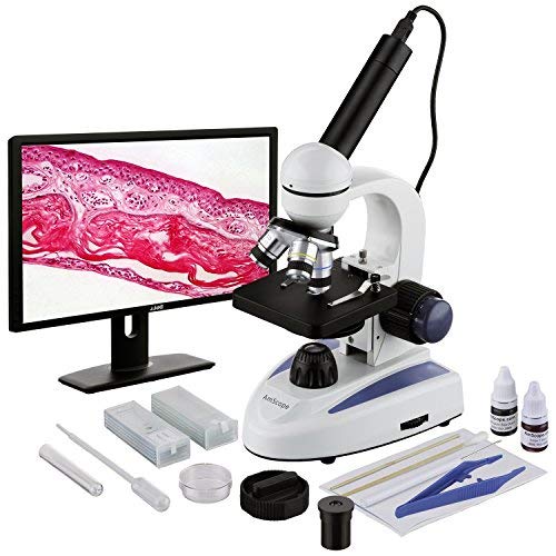 AmScope M158C-SP14-E 40X-1000X Biology Science Metal Glass Student Microscope with USB Digital Camera and Slide Preparation Kit