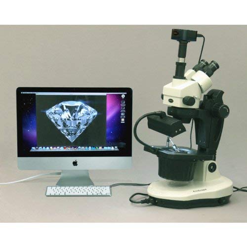 AmScope GM400TZ-5MA Digital Trinocular Gemology Stereo Zoom Microscope, WH10x Eyepieces, 3.5X-90X Magnification, 0.7X-4.5X Zoom Objective, Halogen and Fluorescent Lighting, Inclined Pillar Stand, 110V-120V, Includes 0.5X and 2.0X Barlow Lenses, 5MP Camera with Reduction Lens, and Software