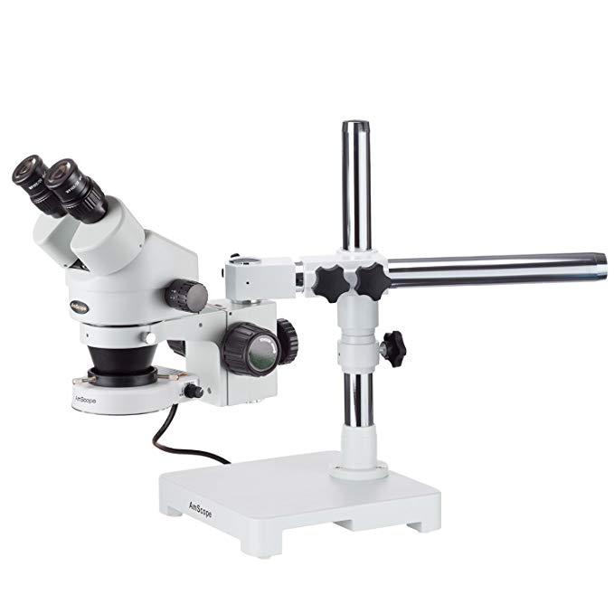 AmScope SM-3B-80S Professional Binocular Stereo Zoom Microscope, WH10x Eyepieces, 7X-45X Magnification, 0.7X-4.5X Zoom Objective, 80-Bulb LED Ring Light, Single-Arm Boom Stand, 90V-265V