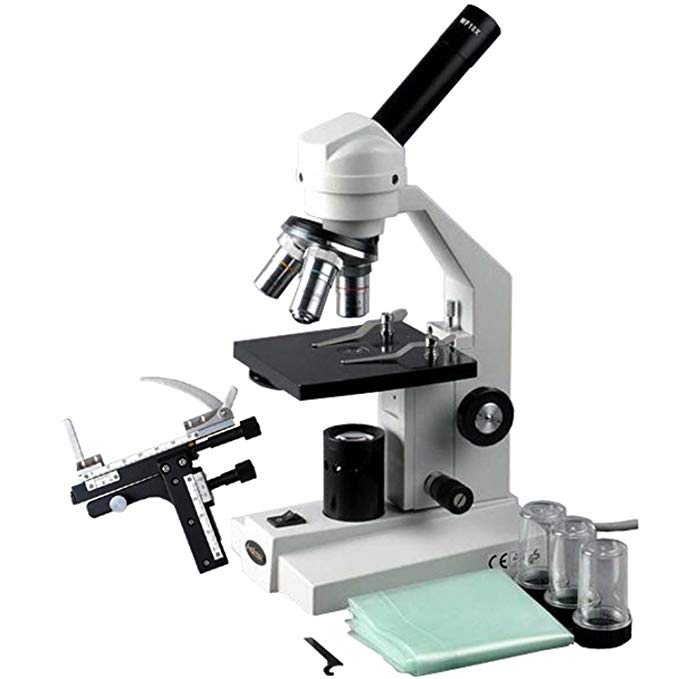 AmScope M200C-MS Monocular Compound Microscope, WF10x and WF25x Eyepieces, 40x-1000x Magnification, Tungsten Illumination, Brightfield, Single-Lens Condenser, Coarse and Fine Focus, Mechanical Stage, 110V