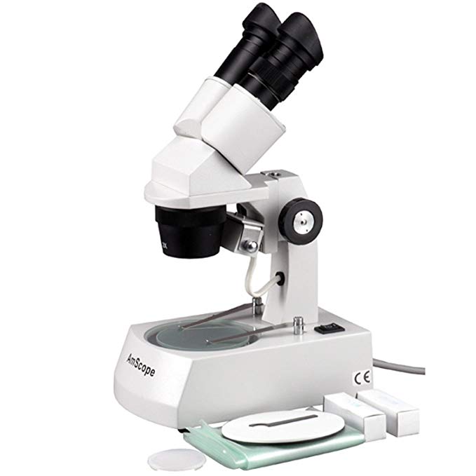 AmScope SE305-A Binocular Stereo Microscope, WF10x Eyepieces, 10X and 30X Magnification, 1X and 3X Objectives, Upper and Lower Halogen Lighting, Reversible Black/White Stage Plate, Arm Stand, 120V