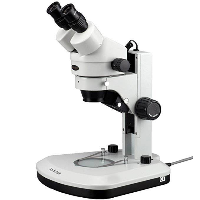 AmScope SM-1B-RL Professional Binocular Stereo Zoom Microscope, WH10x Eyepieces, 7X-45X Magnification, 0.7X-4.5X Zoom Objective, Upper and Lower LED Light, Track Stand, 110V-120V