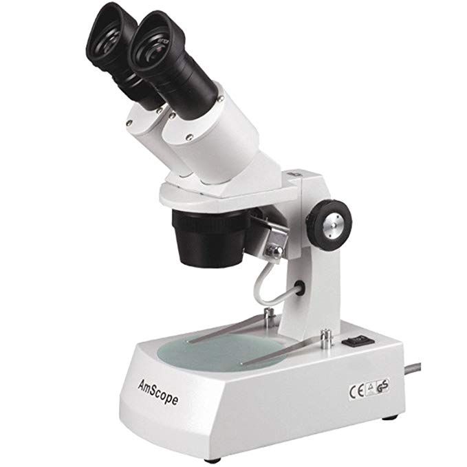 AmScope SE305R-AX Forward-Mounted Binocular Stereo Microscope, WF5x and WF10x Eyepieces, 5X/10X/15X/30X Magnification, 1X and 3X Objectives, Upper and Lower Halogen Light Source, Arm Stand, 120V