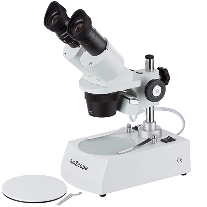 AmScope SE305R-P20 Forward-Mounted Binocular Stereo Microscope, WF20x Eyepieces, 20X and 60X Magnification, 1X and 3X Objectives, Upper and Lower Halogen Lighting, Reversible Black/White Stage Plate, Pillar Stand, 120V