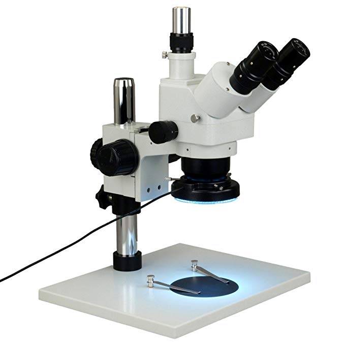 OMAX 5X-80X Trinocular Zoom Stereo Microscope+0.5X Barlow+Metal Shell 144 LED Ring Light+Table Stand