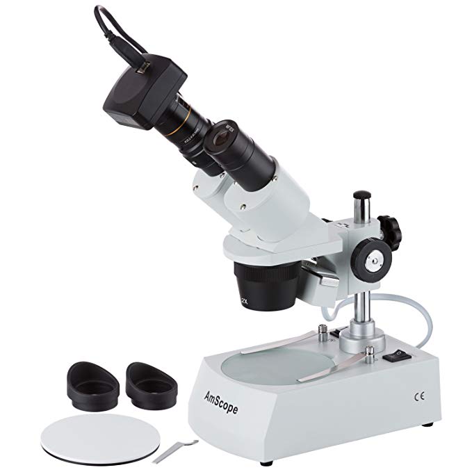 AmScope SE306R-P-P Digital Forward-Mounted Binocular Stereo Microscope, WF10x Eyepieces, 20X and 40X Magnification, 2X and 4X Objectives, Upper and Lower Halogen Lighting, Reversible Black/White Stage Plate, Pillar Stand, 120V, Includes 0.3MP Camera with Reduction Lens and Software