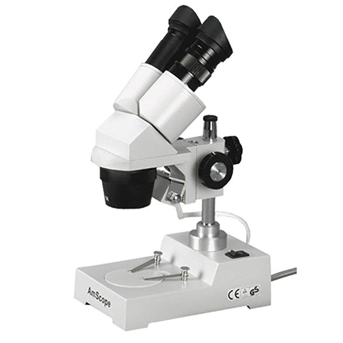 AmScope SE304-P Binocular Stereo Microscope, WF10x Eyepieces, 20X and 40X Magnification, 2X and 4X Objectives, Tungsten Lighting, Reversible Black/White Stage Plate, Pillar Stand, 110V