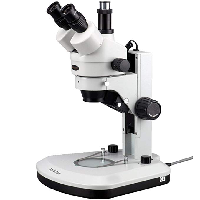AmScope SM-1TY-RL Professional Trinocular Stereo Zoom Microscope, WH10x Eyepieces, 7X-90X Magnification, 0.7X-4.5X Zoom Objective, Upper and Lower LED Lighting, Track Stand, 110V-120V, Includes 2.0X Barlow Lens