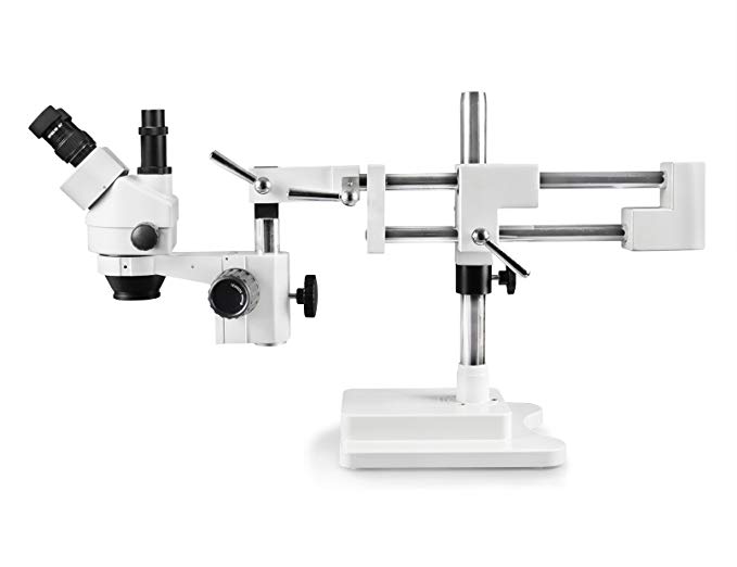Vision Scientific VS-5F Trinocular Zoom Stereo Microscope, 10x Widefield Eyepiece, 0.7X—4.5X Zoom Range, 7X—45x Magnification Range, Double Arm Boom Stand