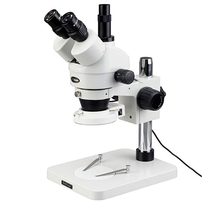 AmScope SM-1TSZ-144S Professional Trinocular Stereo Zoom Microscope, WH10x Eyepieces, 3.5X-90X Magnification, 0.7X-4.5X Zoom Objective, 144-Bulb LED Ring Light, Pillar Stand, 110V-240V, Includes 0.5X and 2.0X Barlow Lenses