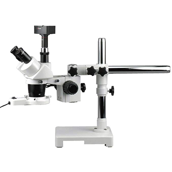 AmScope SW-3T24-FRL-MT Digital Trinocular Stereo Microscope, WH10x Eyepieces, 20X/40X Magnification, 2X/4X Objective, Single-Arm Boom Stand, 8W Fluorescent Ring Light, 110V-120V, Includes 1.3MP Camera with Reduction Lens and Software
