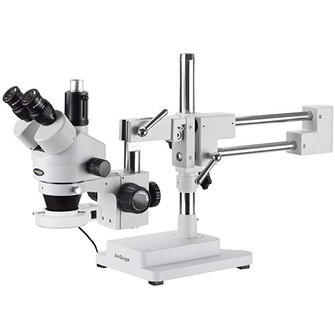 AmScope SM-4TZ-56S Professional Trinocular Stereo Zoom Microscope, WH10x Eyepieces, 3.5X-90X Magnification, 0.7X-4.5X Zoom Objective, 56-Bulb LED Ring Light, Double-Arm Boom Stand, 110V-120V, 110V-240V, Includes 0.5X and 2.0X Barlow Lens